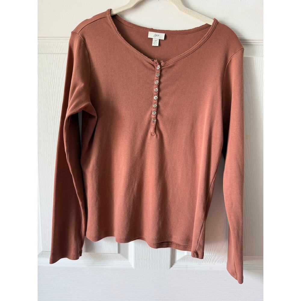 J. Jill Pima Cotton Henley Top Brown Long Sleeve Petite Small Minimalist Capsule